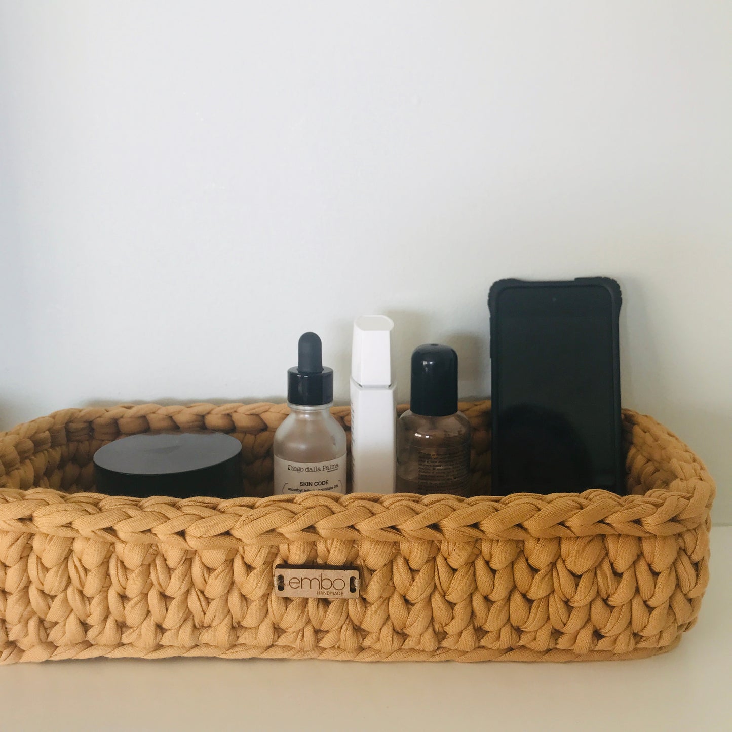 Shallow Rectangle Crochet Basket with Wooden Base