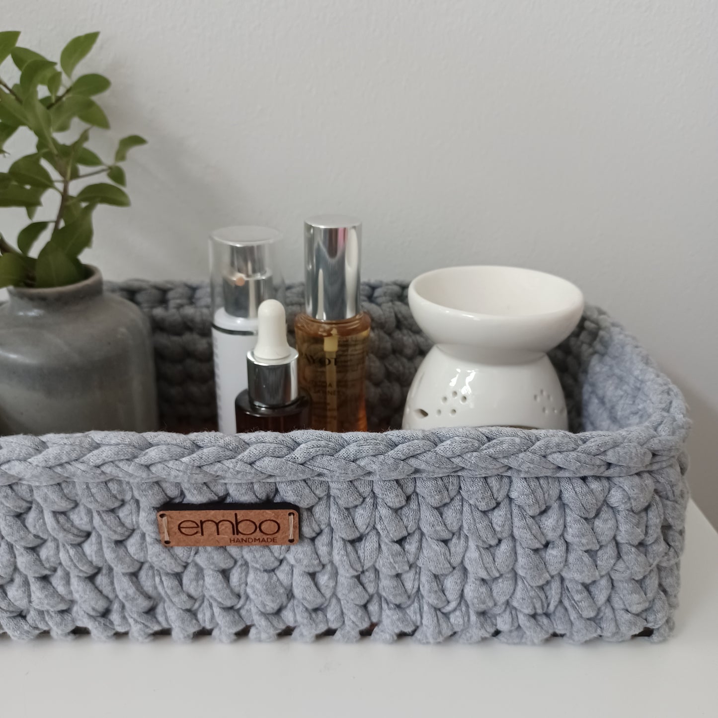 Shallow Rectangle Crochet Basket with Wooden Base