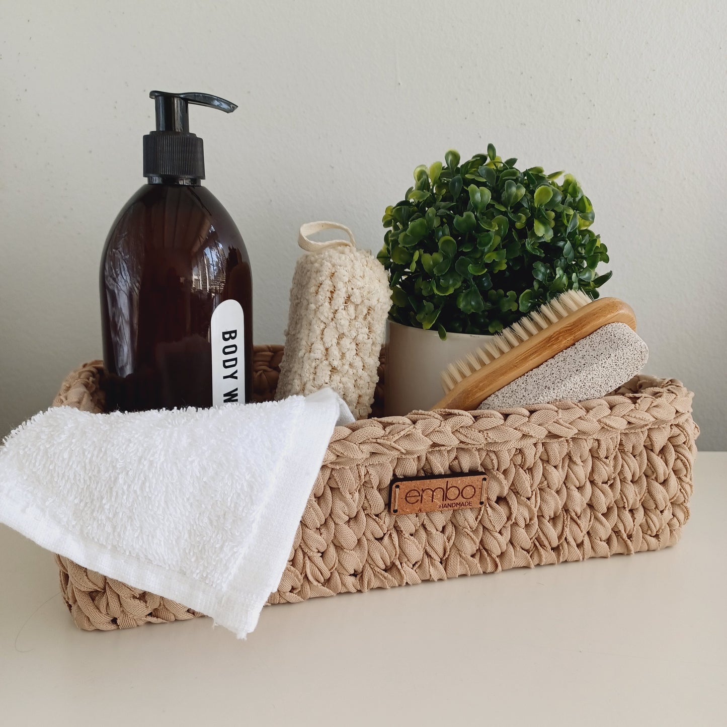 Shallow Rectangle Crochet Basket with Wooden Base