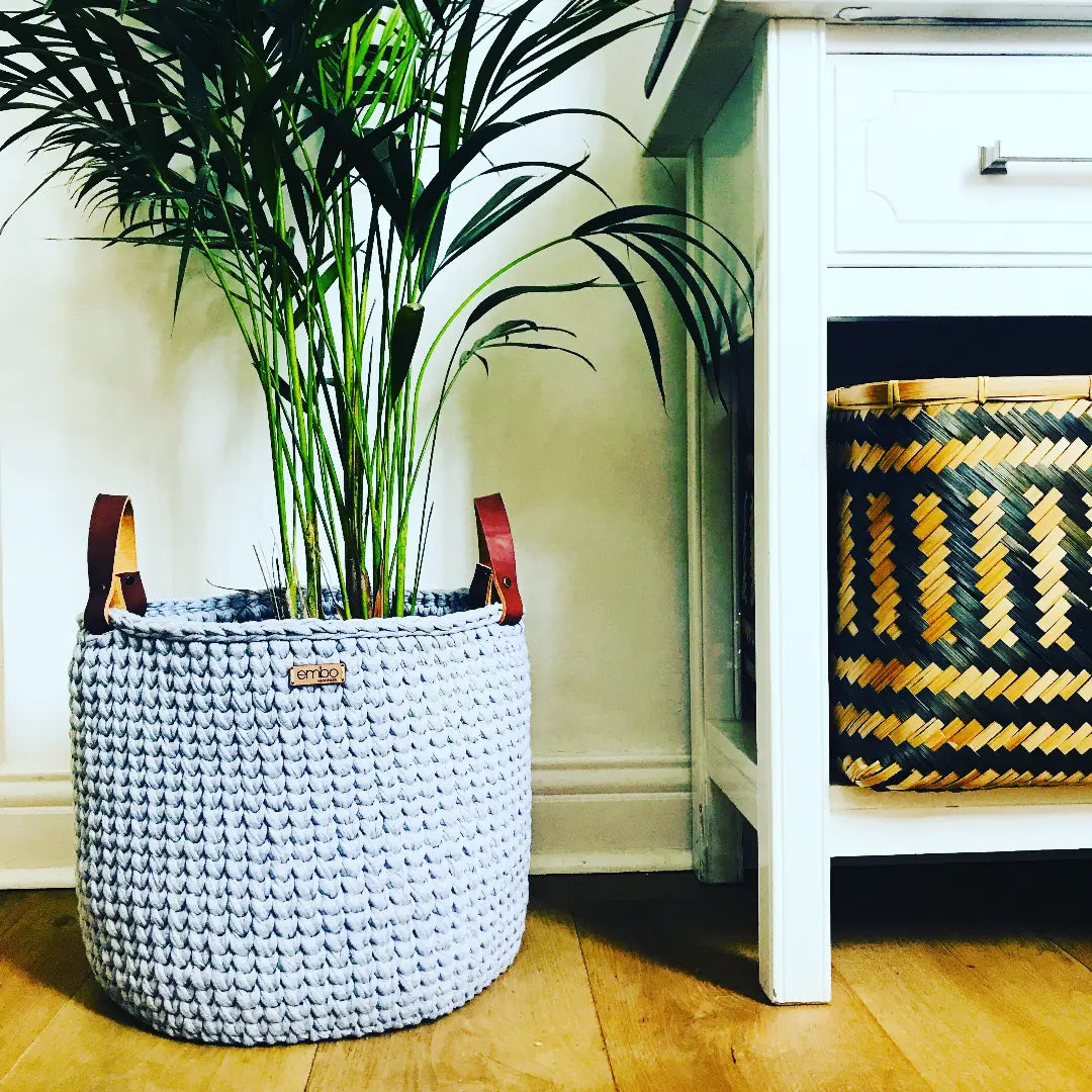 Large Crochet Basket with Leather Handles