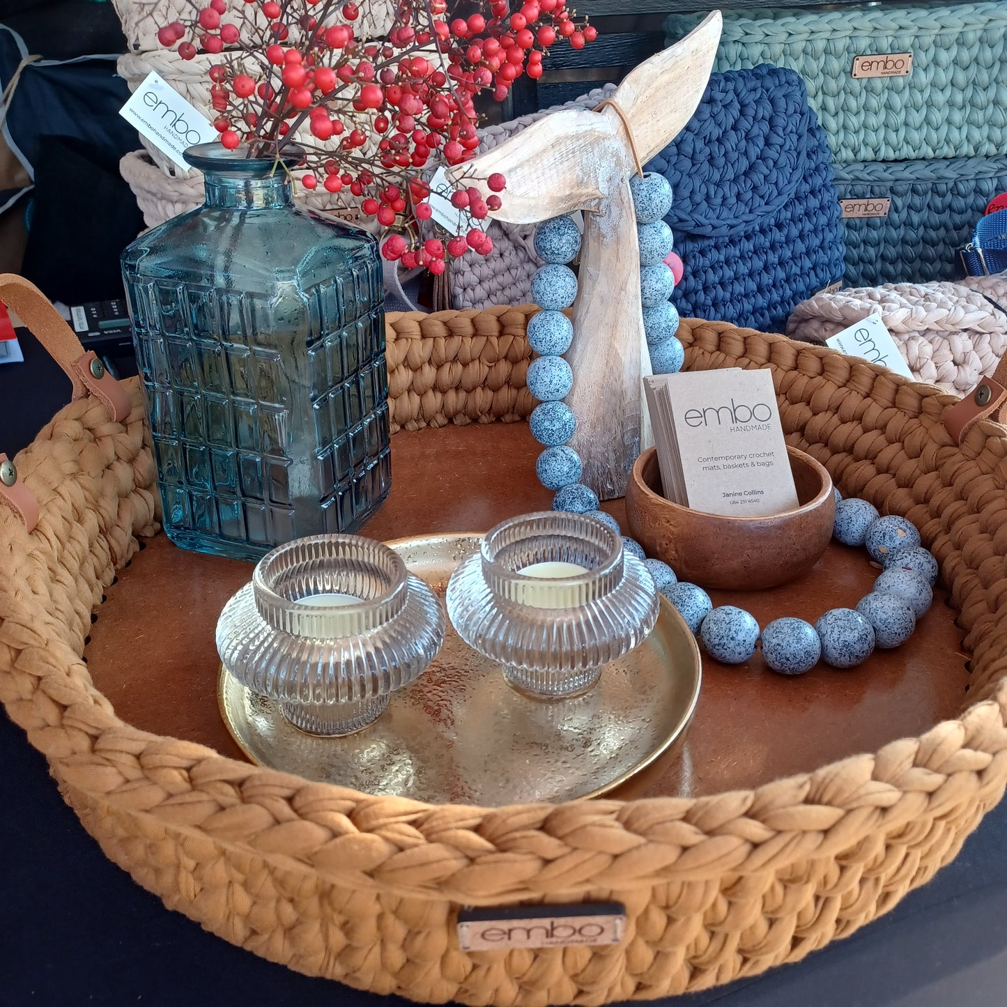 40cm Crochet Tray with Leather Handles