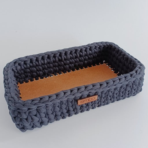 Shallow Rectangle Crochet Basket with Wooden Base