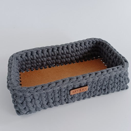 Shallow Rectangle Crochet Basket with Wooden Base