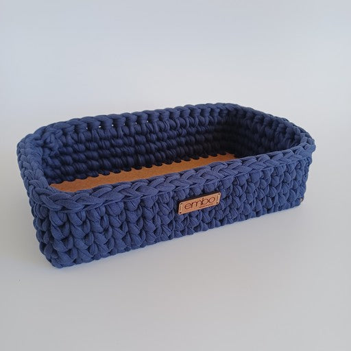 Shallow Rectangle Crochet Basket with Wooden Base