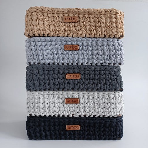 Shallow Rectangle Crochet Basket with Wooden Base