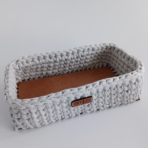 Shallow Rectangle Crochet Basket with Wooden Base
