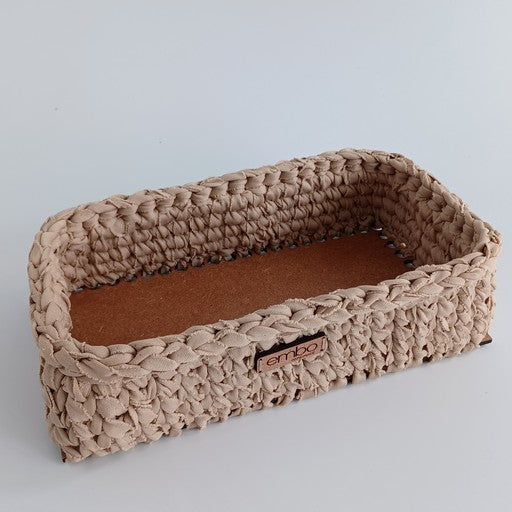 Shallow Rectangle Crochet Basket with Wooden Base