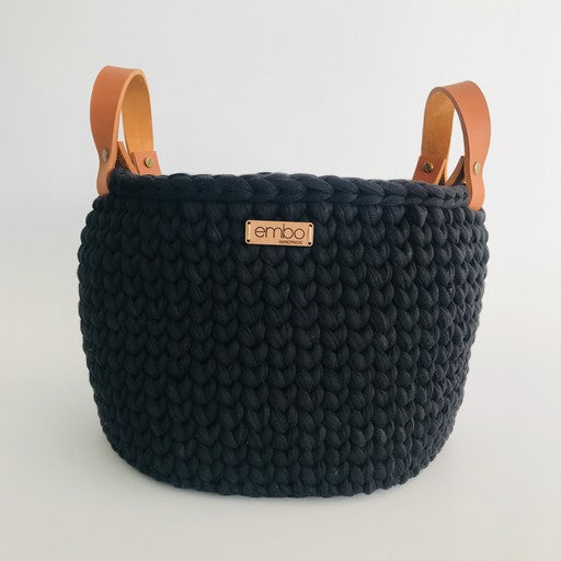 Medium Crochet Basket with Leather Handles