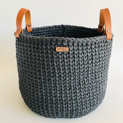 Large Crochet Basket with Leather Handles