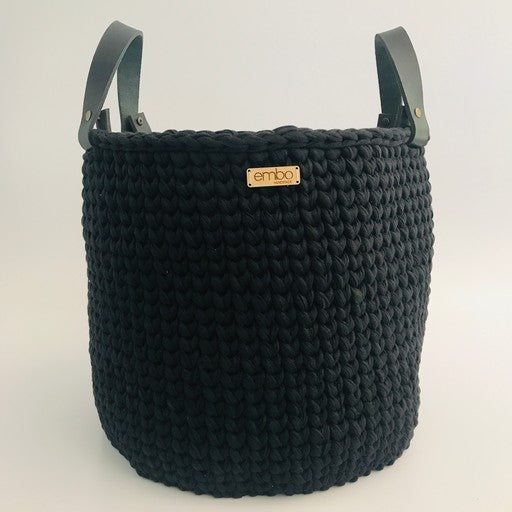 Large Crochet Basket with Leather Handles - black