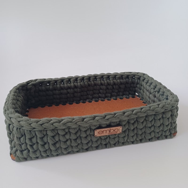 Shallow Rectangle Crochet Basket with Wooden Base