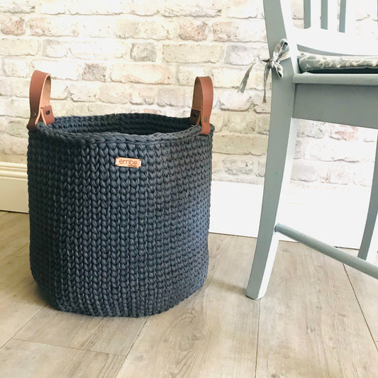 Large Crochet Basket with Leather Handles